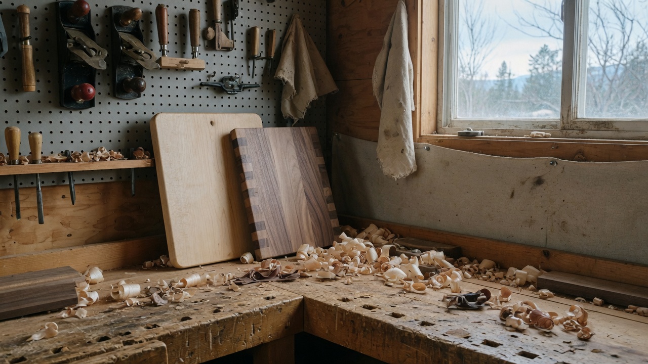 Woodshop bench with cutting boards, shavings, and hand tools
