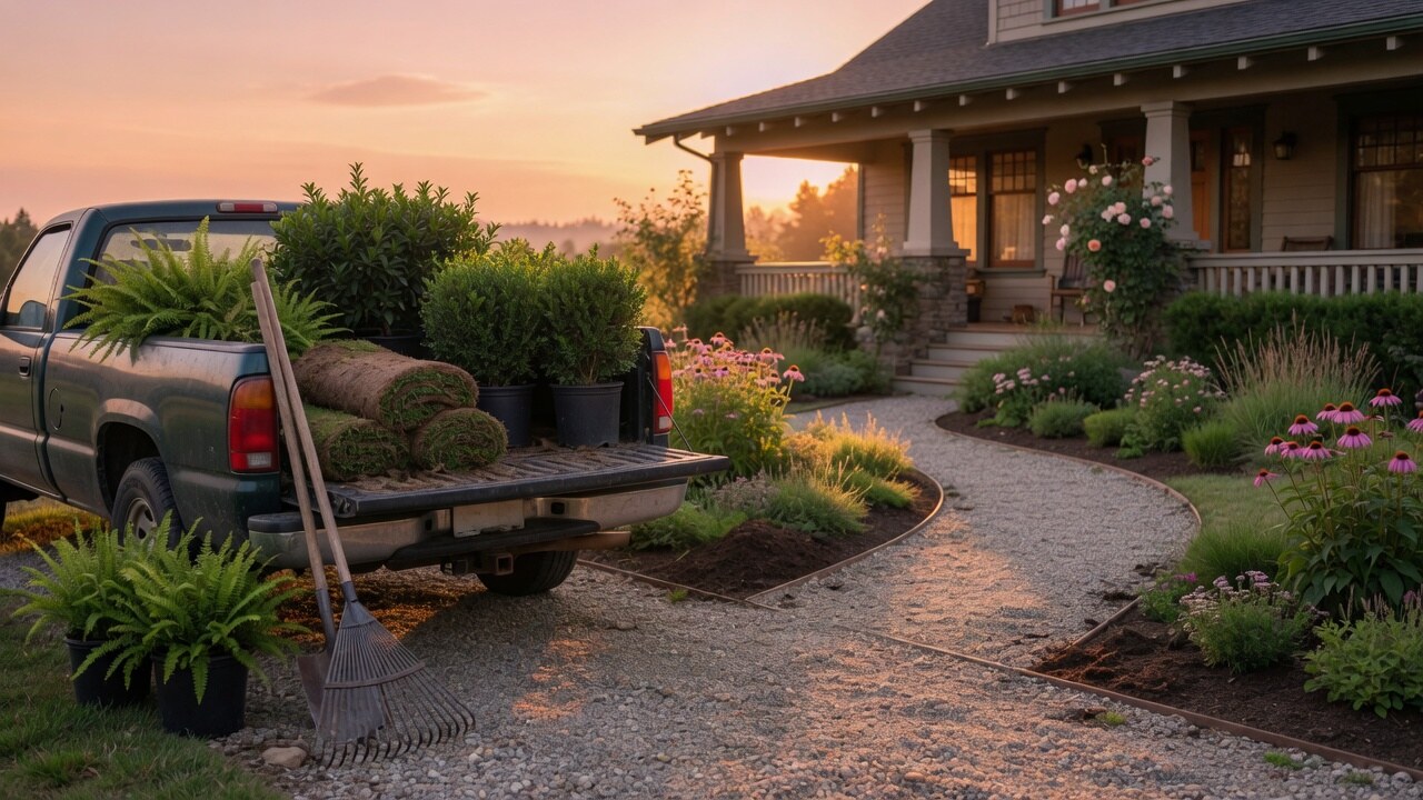 Landscaping truck with ferns and sod at a garden path at sunset
