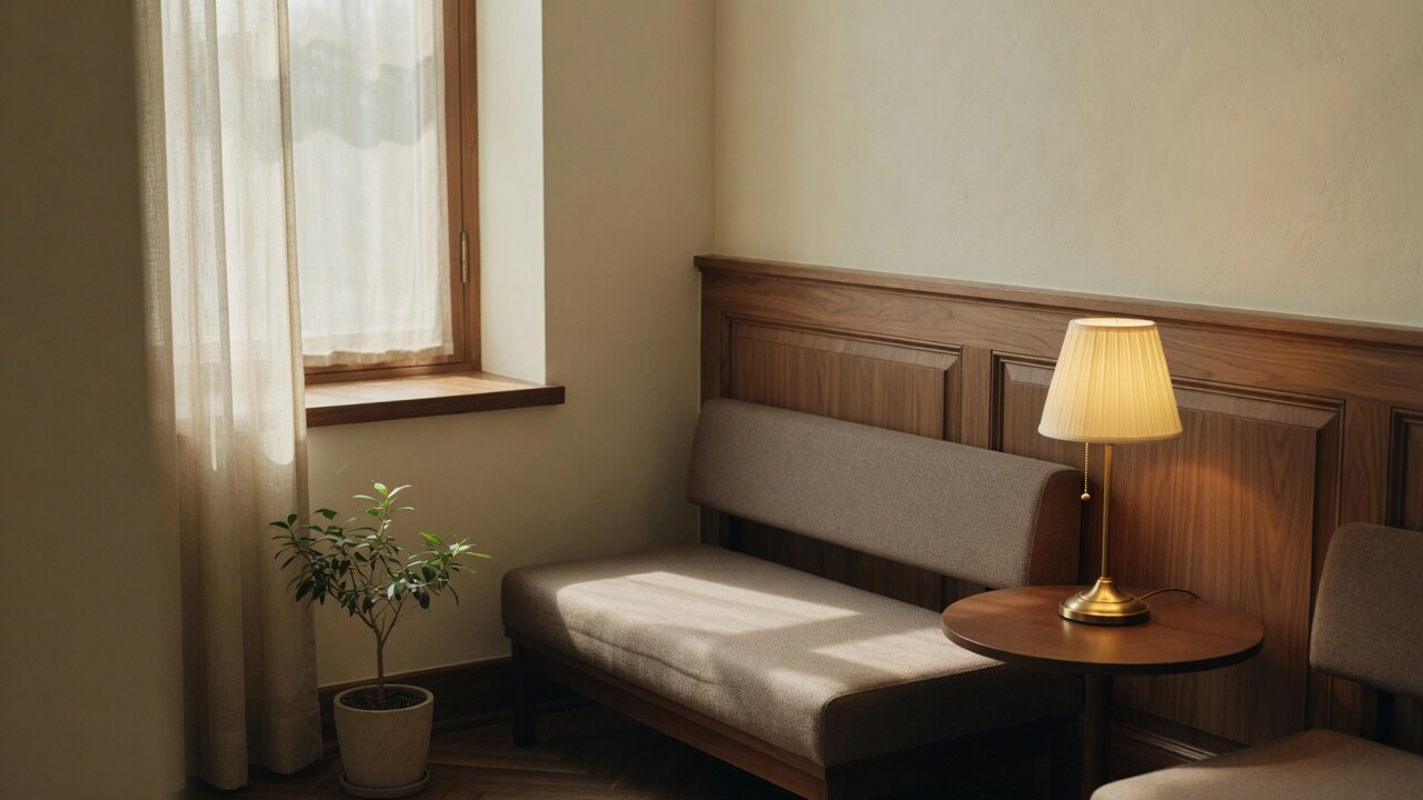 Quiet waiting room with walnut millwork and warm lamp light