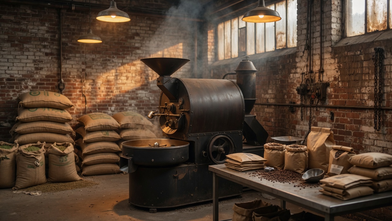 Cast-iron coffee roaster in a brick warehouse with burlap sacks