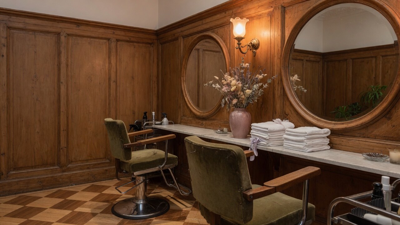 Empty salon chairs facing round mirrors in walnut millwork