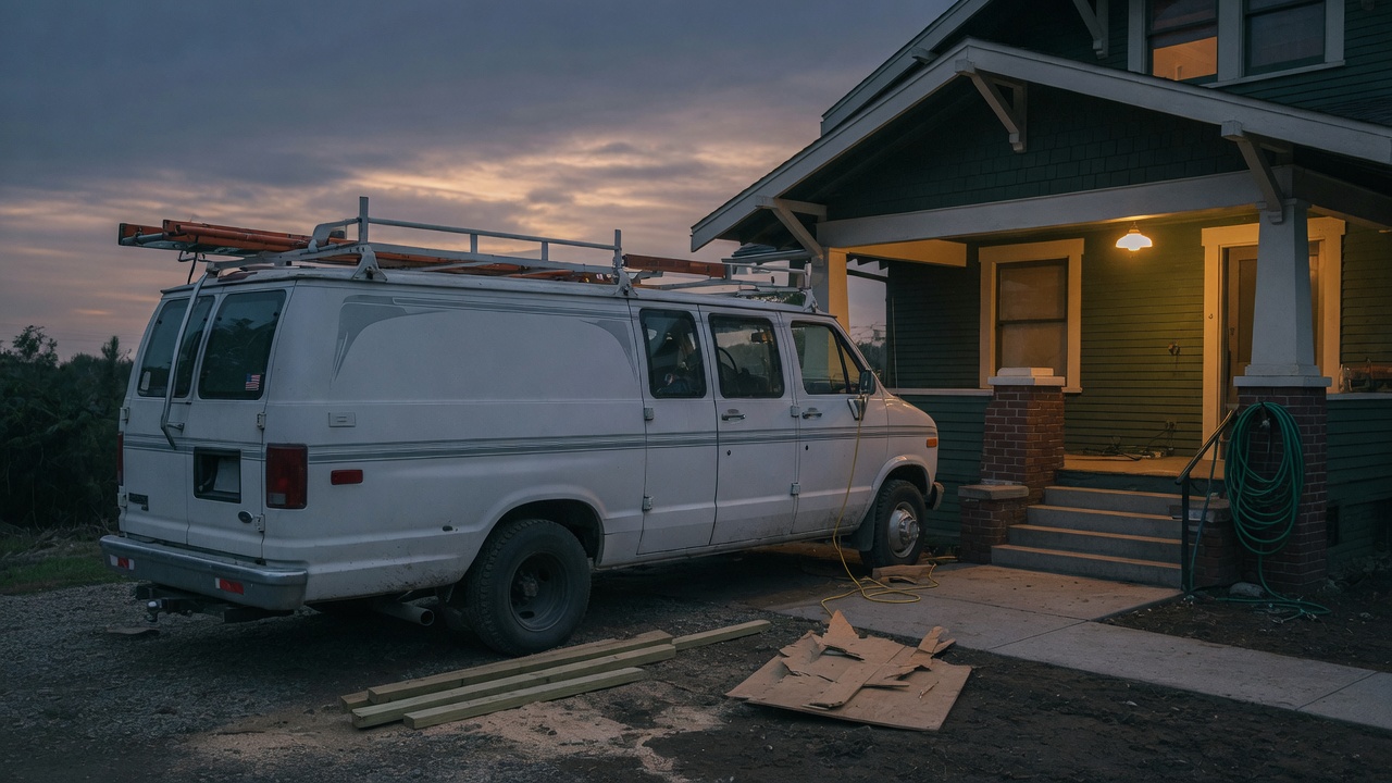 Contractor van at dusk in front of a craftsman house